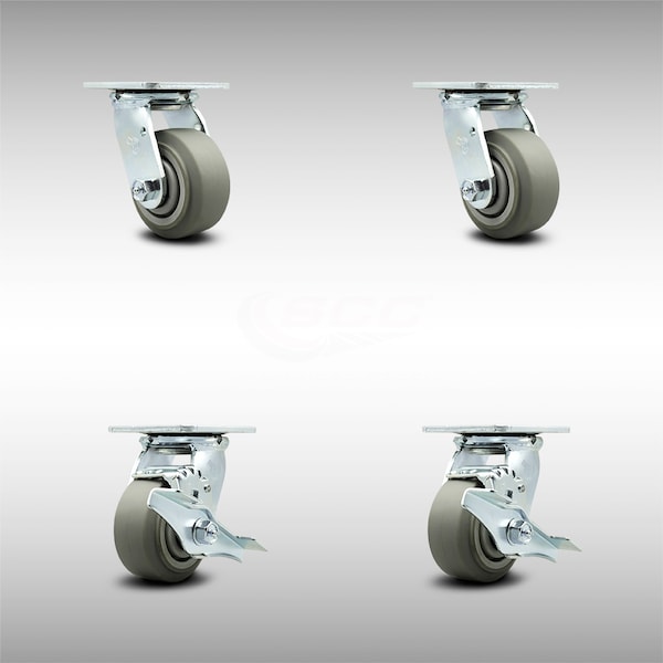 4 Inch SS Thermoplastic Rubber Swivel Caster Set with Roller Bearing 2 Brake SCC